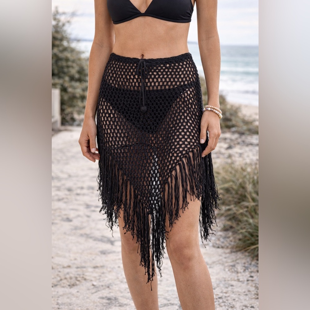 Say What Women One Size Black Crochet Fringe Skirt Boho Festival Beach Cover Up